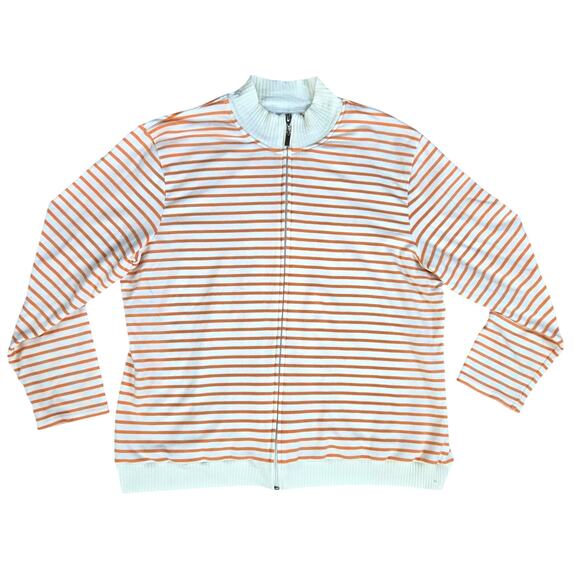 90s Vintage Talbots White Peach Orange Stripe Full Zip Mock Neck Sweater Size 1X - Picture 1 of 7
